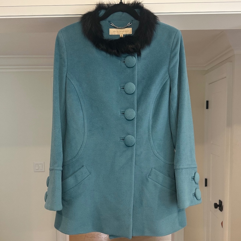 Wool-Blend Teal Peacoat with Faux Fur Collar